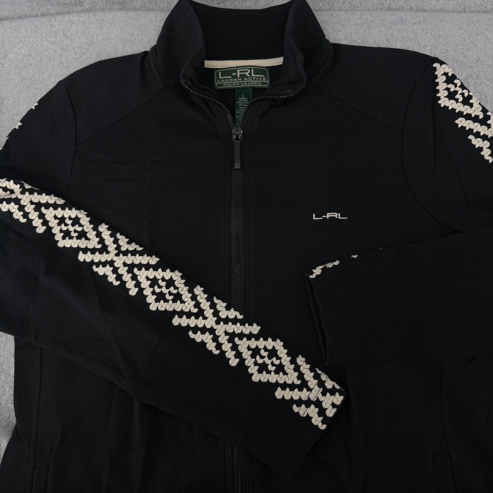 Lauren Active Ralph Lauren Womens Black Full Zip Jacket Embroidered Sleeves L-RL